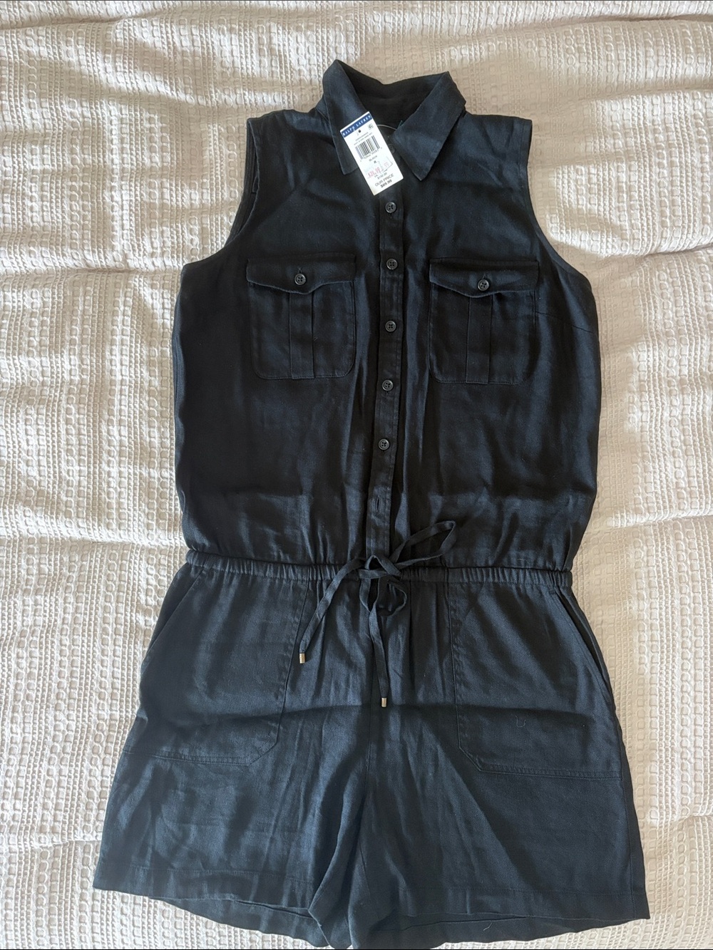 Ralph Lauren Black Sleeveless Button-Front Romper with Drawstring